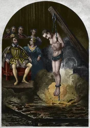 Brännkammare (domstolen) Under kung Henrik II (1519-1559) i närvaro av Catherine de Medicis (Caterina de Medici). Gravyr från 1842 i "Histoire des popes"" av Maurice Lachatre. Privat samling.