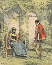Bussy och Diane, känd som Madame de Monsoreau, i kyrkans trädgård redo., Illustration av romanen "La Dame de Monsoreau" av Alexandre Dumas i "Journal des novels populaires illustrés"