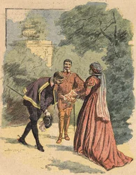 Bussy hälsar Jeanne, åtföljd av Saint Luke, i parken. Illustration av romanen "La Dame de Monsoreau" av Alexandre Dumas, i "Journal des novels populaires illustrées"