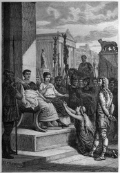 CHAMACUS FÅNGENHET - Caratacus (Caratacos, Caratacus) i fångenskap med sin familj tilltalar den romerske kejsaren Claudius (Claude I) (10 f.Kr.-54 e.Kr.) - Gravyr i "L