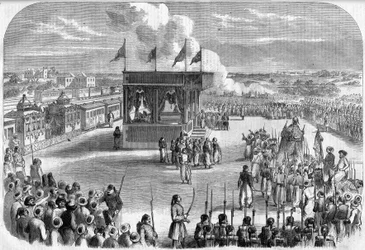 Kairo, avgång från Mahmal (palanquin täckt med en broderad sidenslöja som symboliserar den osmanska sultanens auktoritet), för pilgrimsfärden till Mecka, vid järnvägen, i "The Illustrated Universe""