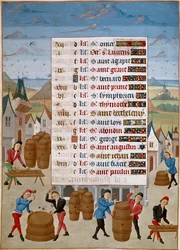Kalender: Augusti - Tillverkning av vinfat - Miniatyr av mästare Jean de Rolin (1400-talet) från "The Hours of Adelaide of Savoy, Duchess of Burgundy" 1460-1465 Chantilly, Musee Conde