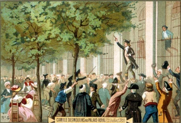 Camille Desmoulins på Palais Royal (1789-12-07). Kromolitografi 1800-talet. – Franska revolutionen/Camille Desmoulins uppmanar till en storm på Bastiljen, Paris