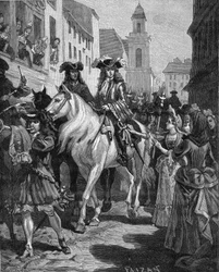 Camisardkriget (1702-1704): En katolik försöker röra vid camisardernas ledare Jean Cavalier (1681-1740). Nîmes, Gard (30). Gravyr från 1800-talet. I "Frankrikes historia" av Jules Michelet