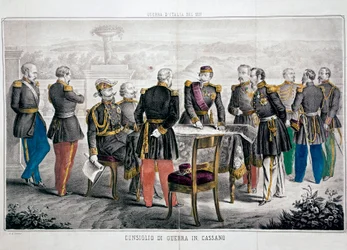 Italiens kampanj 1859: Cassanos krigsråd som ser mötet mellan Vittorio Emanuele II (Victor-Emmanuel eller Victor Emmanuel) och kejsar Napoleon III. Privat samling