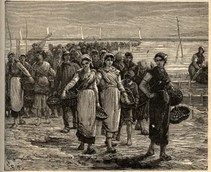 Cancale - Bretagne - The Cancalaises återvänder från fiskebåtarna - - gravering i "" PATRIE" - PECTUREQUIREQUE BESKRIVNING AV FRANKRIKE I 6 VOLYER AV LUCIEN HUARD - slutet av 1800-talet