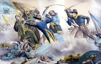 Tillfångatagandet av Konstantin i Algeriet 1837 av marskalk Valée. Färglitografi från 1800-talet.