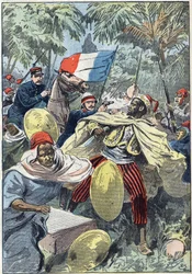 Tillfångatagandet av Samory Touré (cirka 1830-1900), sudanesisk ledare och motståndare till den franska koloniseringen av Afrika, av kapten Gouraud och löjtnant Jacquin. Sudan