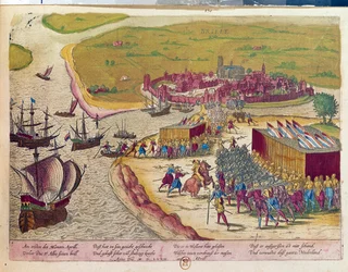 Fångst av fortet Brielle 1572 Hollande. Gravyr av 1600-talet B.N. Paris