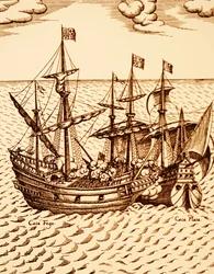 Fångst av den spanska galjonen Cagafuego av den gyllene hinden ledd av Francis Drake i mars 1579 (gravyr)