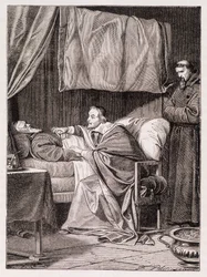 Kardinal Richelieu på fader Josephs dödsbädd - gravyr