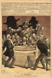 Karikatyrillustration "" la galette"", om kungarnas högtid, där bankiren skär tårtan, alla fällde för att få en del och fann istället för en feve gendarmen. Gravyr i "" Le petit journal"" 1893-01-07. Selvas samling.