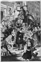 Karneval i Rom: Dr. Pasquins romerska sedvandring. Han erbjuder damerna på balkongerna sina elixirer. Gravyr i "" The Illustrious Universe""