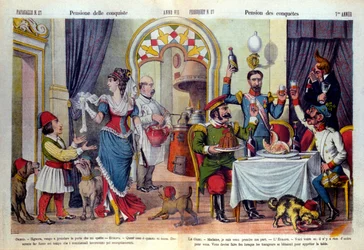Tecknad serie av den italienska tidningen "" Le Parroquet"" (il Pappagallo) på Berlinkongressen (Congresso di Berlino) 1878 (Diplomatisk konferens). Berlinkongressen hölls för att granska Rysslands orättvisa mot Turkiet: turkar tvingades acceptera