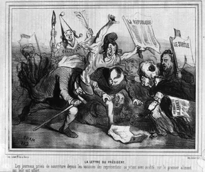 Tecknad film om valkampanjen för det första presidentvalet den 10 december 1848 med slaget vid tidningarna.