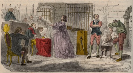Fall av krage, rättegången (1785-1786): Jeanne de Valois-Saint-Remy (Valois Saint Remy), grevinnan de La Motte (Lamotte) eller grevinnan de La Motte Valois (Lamotte-Valois, La Motte-Valois) ( 1756-1791) inför parlamentet i Paris. Gravyr från 1800-talet