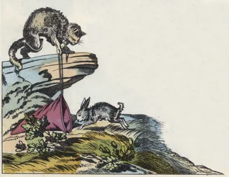 Katt fångar en kanin. Illustration av berättelsen "The cat botte" av Charles Perrault