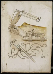 Catapult and Hook System - Manuskript: pergamentark av en ingenjörsmanual för konstruktion av civila, religiösa och militära byggnader, anonymt, sent 1400-tal (figur med kinesiskt bläck)