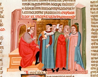 Firande av ett bröllop vid tiden för kejsar Justinianus (483-565). Miniatyr hämtad från "Justinianus Istitutiones"" Padua från 1300-talet, Biblioteca capitolare