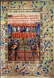 Ceremonier och förordningar som stridslöfte: duell i slutet fält mellan två riddare Miniatyr från ett manuskript av Jean de Rolin (1400-talet) 1460 Paris, B.N.
