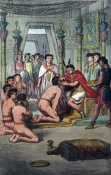 Ceremoni (ceremoni) i inkahuvudstaden Cuzco: Manco Capac (Ayar Manco) ger utmärkelsen till blodsprinsarna genom att sticka hål i öronen - gravyr från "Seder och seder hos alla folk i universum. Det är historien om regeringen, lagarna, om