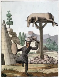 Chaman tungdansande framför en begravning (Sibirien) - gravyr, deb. 1800-talet