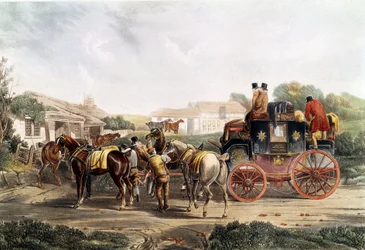 Byte av krok på värdshuset under en bussresa. Engelsk gravyr. 1800-talets privatsamling