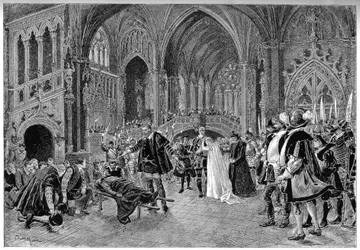 Karaktärer av Karloo, Jonah, Rysoor, Blackcarmes, Duke of Alba, Rafaela och uppföljaren till hertigen av Alba i akt IV "The Death of the Ringer". Scen för operan "" Homeland! "" av Sardou och Louis Gallet (1835-1898). Musik av Emile Paladilhe (1844-1926)