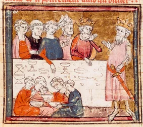 Karl den Store (742-814) och hans brorson ryttaren Roland vid en bankett där den stackars miniatyren från "" Grandes Chronicles de France"" 1375-1379 Stadsbiblioteket, Castres