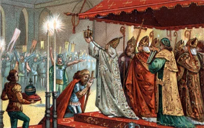 Karl den store (742-814) krönt av påve Leo III (cirka 750-816) i Peterskyrkan i Rom den 25 december 800 - Karl den stores (742-814) smörjelse (kröning) år 800 av påve Leo III