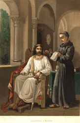 Karl den Store (747-814), kung av frankerna och kejsare av väst, och Alcuin (ca 781). efter "Science and its Men"" av Louis Figuier. Barcelona 1881