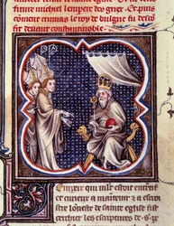 Karl den Store och biskoparna. Miniatyr i "" Grandes Chronicles de France. Grandes Chronicles de France av Charles V” (folio 102), cirka 1375-1380. BN, Paris