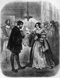 Karl V eller V (1500-1558) med Anne de Pisseleu (1508/1580) hertiginna av Etampes, älskarinna till Francois I med smeknamnet La Belle Feronniere. Gravyr av 1800-talet.