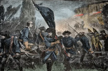 Karl XII av Sverige i strid - Stora Nordkriget (1700-1721): Kung Karl XII (Carl) av Sverige (1682-1728) i slaget vid Poltava (Pultawa, Ukraina), 1709 mot Peter I av Rysslands vapen , kallad den store (1672-1725)