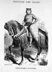 Charles av Anjou, kung av Sicilien - Illustration i "History of Popes, Kings, Queens, Emperors, through the Centuries" av Maurice Lachatre