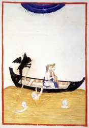Charon (Caron) får Dante och Vergilius Acheron att korsa underjordens flod - i "Den gudomliga komedin"" av Dante Alighieri, miniatyr av ett 1300-talsmanuskript, Bibl. Municipal de Rimini.