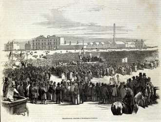 Chartistdemonstration på Kennington Common: en politisk arbetarrörelse, föregångare till socialismen, gravyr från 1848