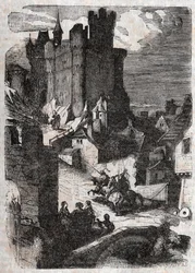 Chateau de Marganor - gravyr från 1851 från "" Roland furieux"" (Orlando furioso) (1500-talet) av Ludovico Ariosto, känd som Ariosta - Upplaga översatt från italienska av greven av Tressan och publicerad av Gustave Harvard 1851