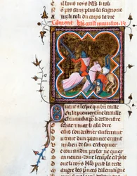 ""riddare i rustning"" Upplyst sida från manuskriptet ""Le Roman de la Rose"" av Guillaume de Lorris (cirka 1200-1238) och Jean de Meun (Meung) (1240-1305) ca 1353 Schweiz Bibliotheque de Geneve
