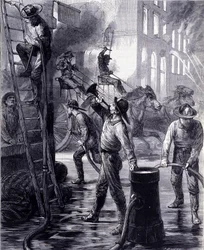 Chicago Fire Brigade Breaking a Fire, USA. 1800-talet