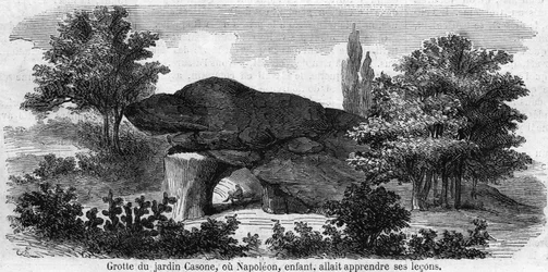 Napoleons barndom 1:a: utsikt över grottan i trädgården Casone på Korsika eller Napoleon (1769-1821) skulle lära sig sina läxor. Gravyr av 1800-talet.
