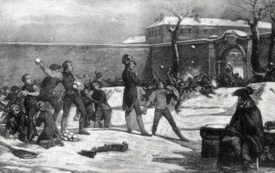 Napoleon I Bonapartes (1769-1821) barndom vid militärskolan i Brienne-le-Château (Aube) år 1782: Napoleon mitt i ett snöbollskrig mellan barn.