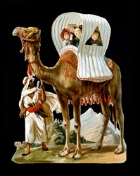 Barn går i en kamelryggkorg, Algeriet - chromo., sent 1800-tal