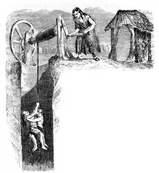 Barns nedstigning i en kolgruva i England, omkring 1840.