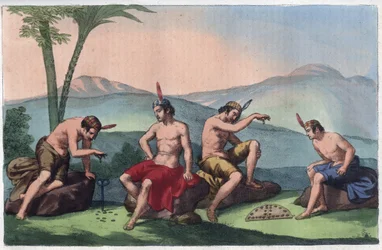 Chilenska infödda indianer spelar Queciu och Porotos, Chile - gravyr ur ”Usi e Costumi di Tutti i Popoli dell