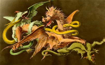 Chimeres En drake som slåss mot två monster. Gravyr från 1800-talet.