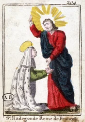 Kristus och Saint Radegonde (ca 520 - 587), drottning av Frankrike, hustru till Clotaire (Clothaire) I. from bild. Gravyr från början av 1800-talet. Bibliotheque des Arts décoratifs de Paris.