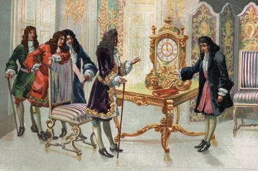 Christiaan Huygens (1629-1695), holländsk matematiker och astronom, presenterar sin klocka för Ludvig XIV.
