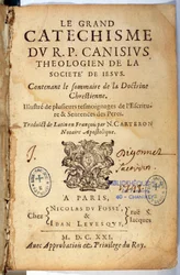 Kristen religion: Titelsidan för den stora katekesen. Verk av Pierre Canisius (1600-talet)