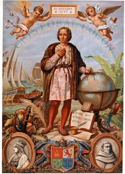 Christopher Columbus. Till vänster, porträtt av Isabella den katolska, drottning av Kastilien (1451-1504). Spansk kromolitografi från 1800-talet